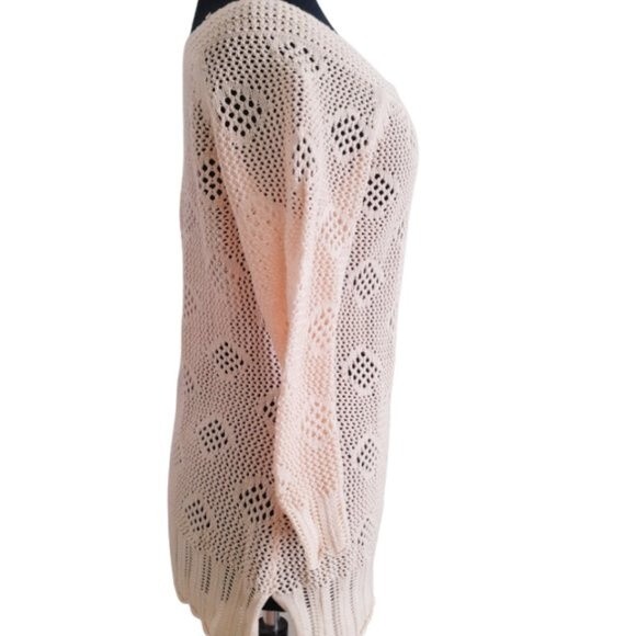 Rafaella Open Knit  Crochet Cream Yellow Quarter Sleeves Tunic Sweater Large - Picture 3 of 8